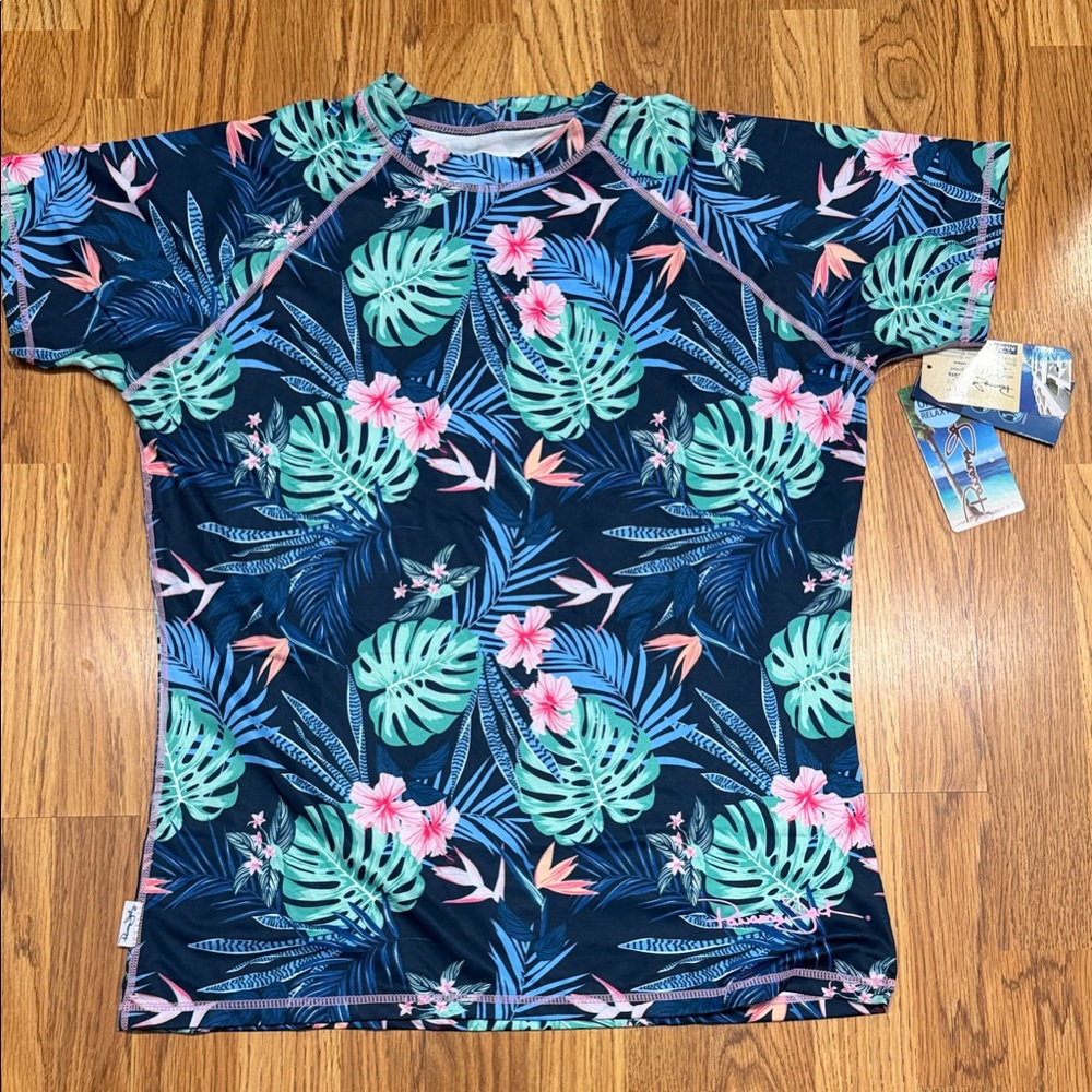 Panama Jack Navy Tropical Floral Swim Rash Guard - Mint & Pink Accents